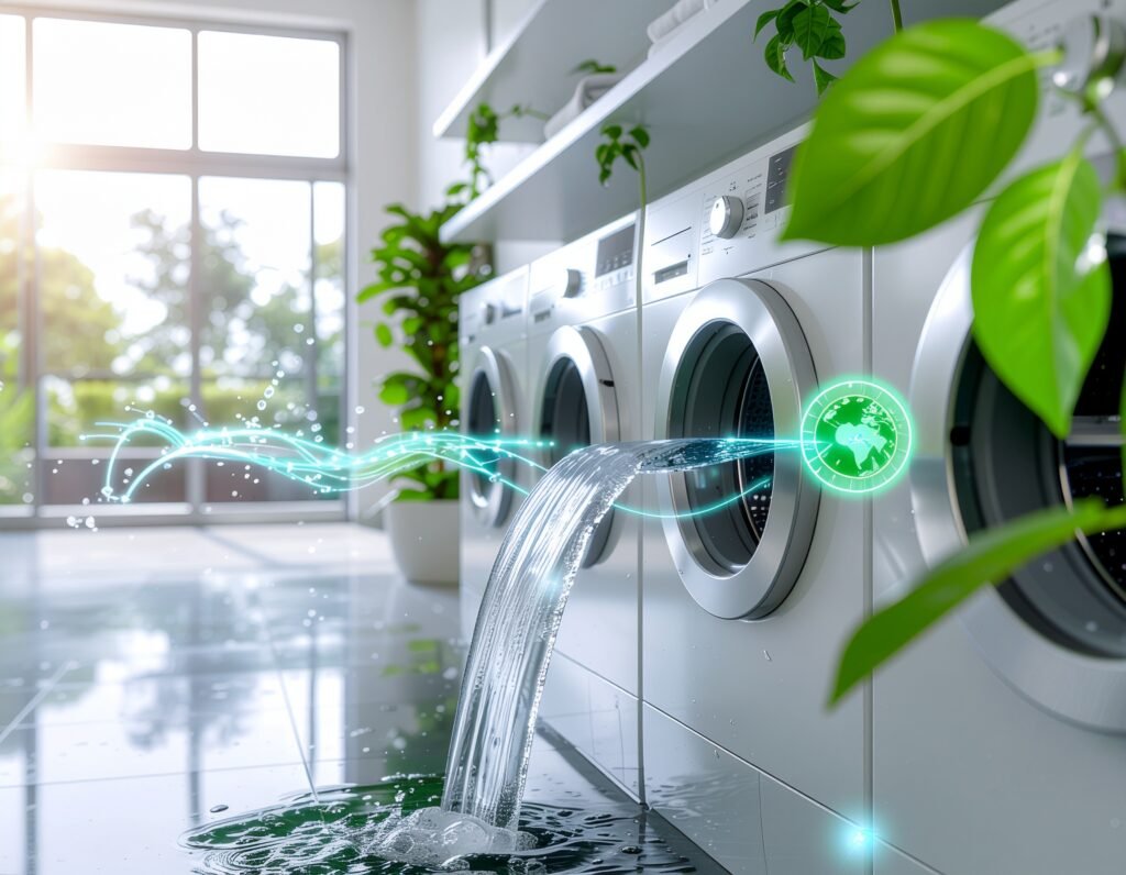 modern laundromat interior with stainless steel washing.